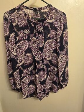 Lucky Brand Sheer Rayon Floral Paisley Peasant Boho Chic Top Purple Navy Size S